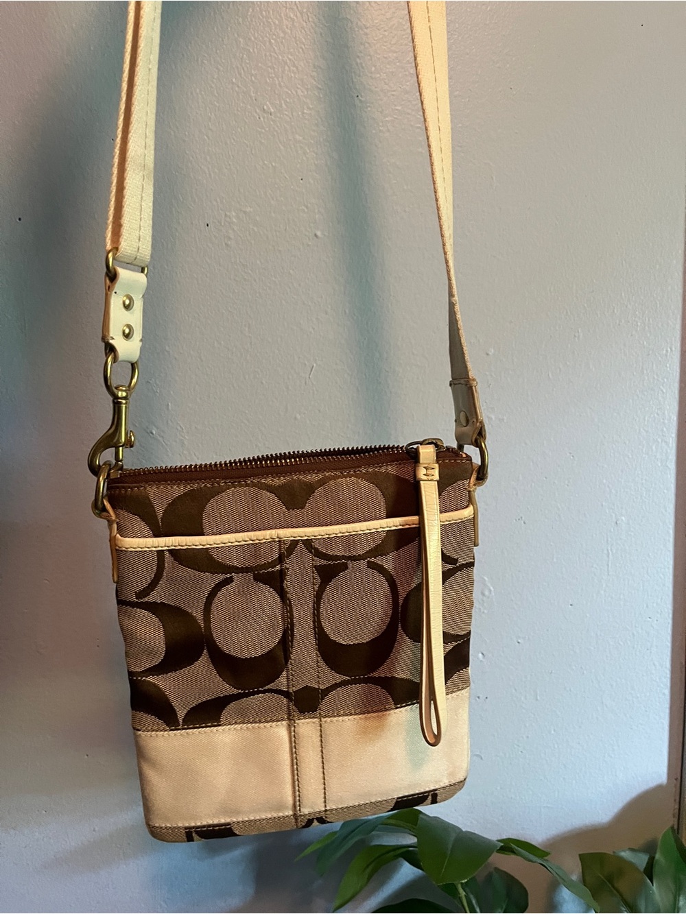 Coach Brown Signature Canvas Crossbody with Cream Leather Trim